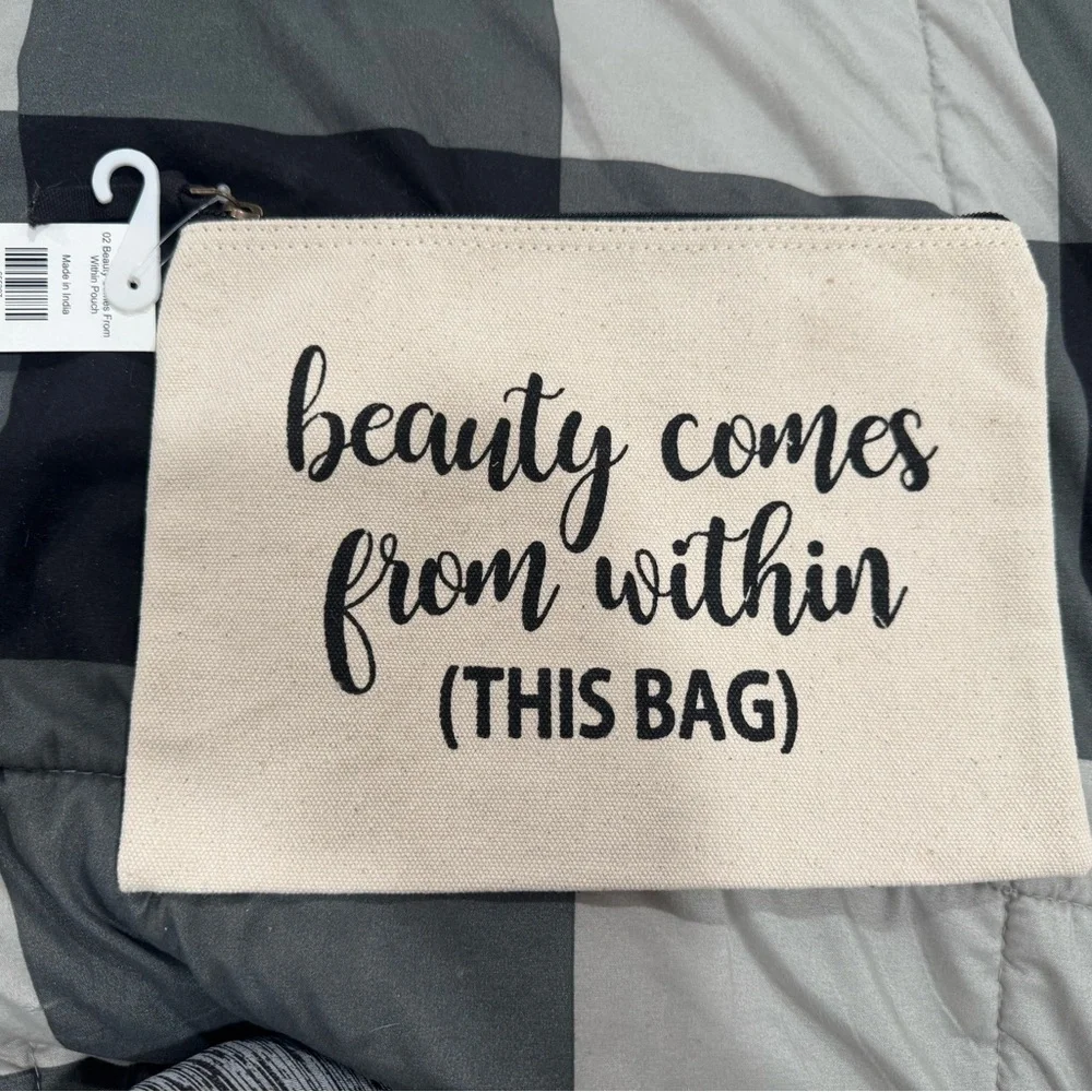 Canvas Makeup Pouch with Inspirational Quote - Cream - Picture 1 of 3